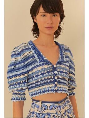 FARM RIO Striped Blue Crochet Crop Cardigan